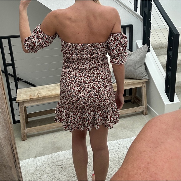Blush white red off the shoulder floral flowy casual summer vacation mini dres M - Picture 5 of 9